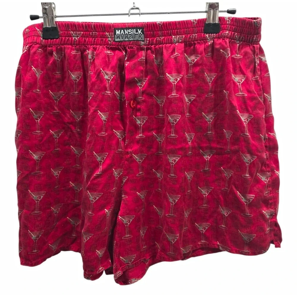 Vintage Mansilk 100% Silk Boxer Shorts Red Martini Cocktail Print Mens XL 1990s